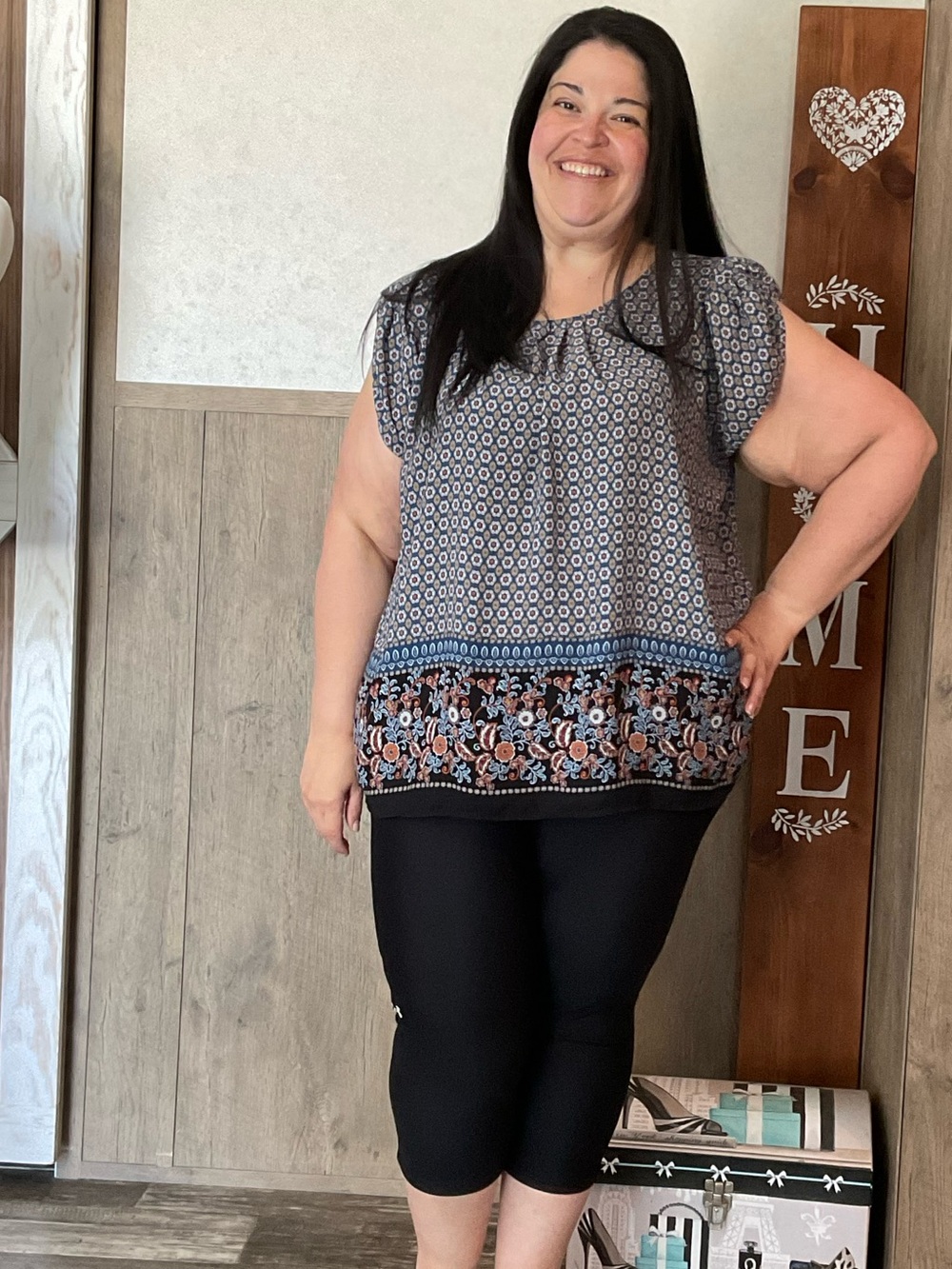 Papermoon Navy Blue Floral Border Short Sleeve Top